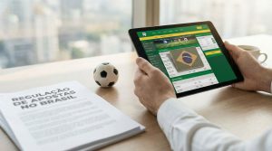 Tablet showing Brazil's flag over online betting platform. A miniature soccer ball is on the side of a tablet with pile of documents. 