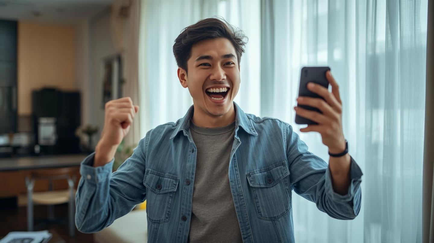 Smiling Thai gamer cheering indoors while holding blurred smartphone after successful online play.