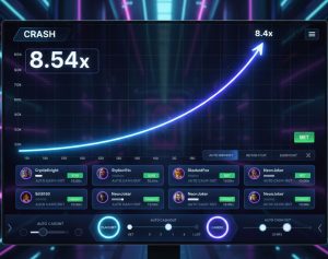 Digital crash game interface with rising multiplier graph, player dashboard showing auto cash-out settings, futuristic casino theme, neon lighting, high-detail modern gaming design.
