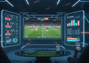 A high-tech streaming interface showing live EPL matches, player stats, predictive analytics, and interactive betting features, displayed on multiple devices in a modern, digital-first environment.
