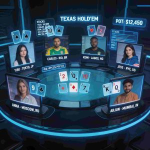 A digital poker table with players from around the world connected via screens, holographic cards, data analytics overlays, and a futuristic online gaming interface